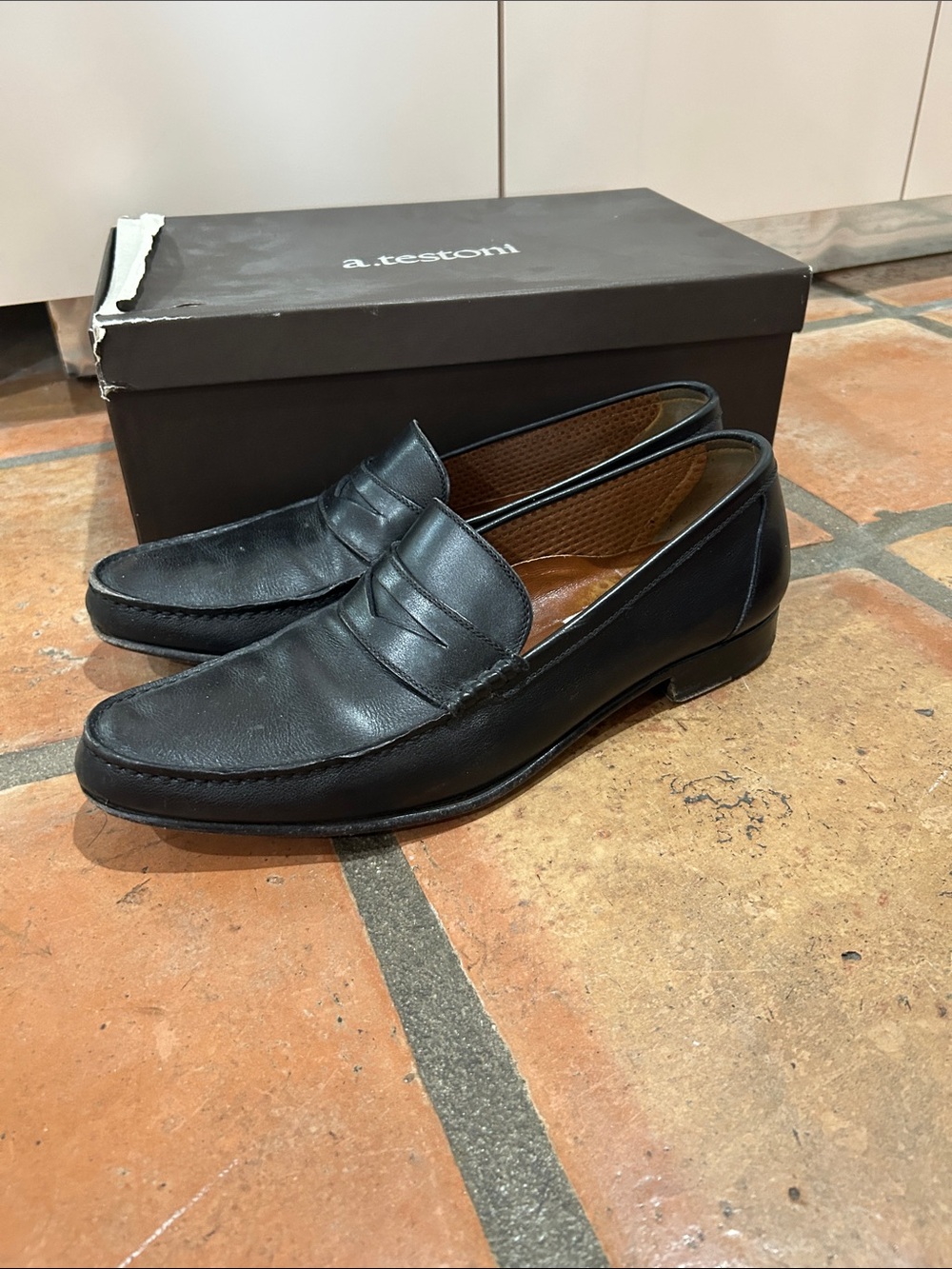 a. testoni Men's Black Leather Penny Loafers